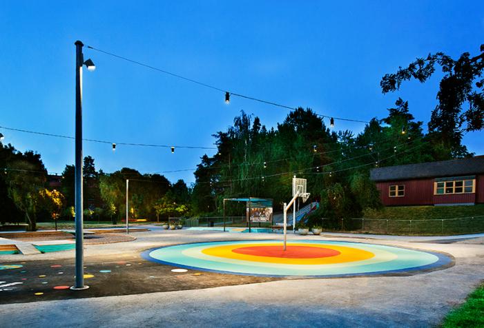 Aerial lights up the Rymdparken in Rågsved Playground in Stockholm, Sweden