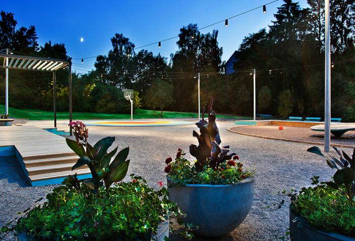 Aerial lights up the Rymdparken in Rågsved Playground in Stockholm, Sweden