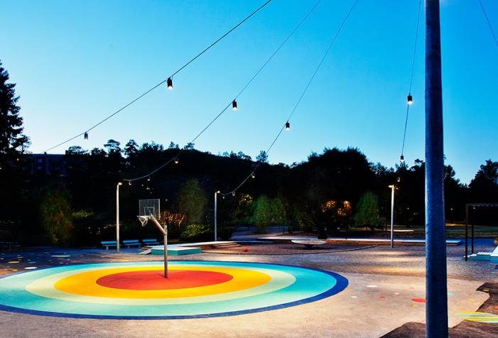Aerial lights up the Rymdparken in Rågsved Playground in Stockholm, Sweden